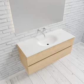 Zaro Sevilla Solid Surface badmeubel 120cm licht eiken zonder kraangat spoelbak midden met 2 lades