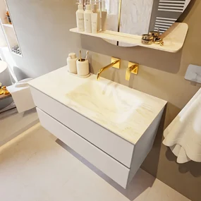 Mondiaz Vica DLux badmeubel 100cm linen 2 lades met wastafel ostra rechts zonder kraangat