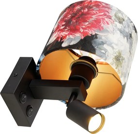 Wandlamp zwart met leeslamp en kap 18 cm bloemen - Brescia