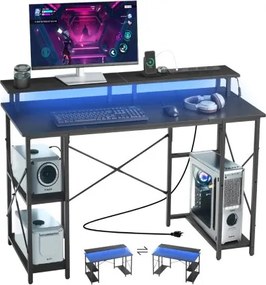 VEVOR Computerbureau, kantoortafel, bureau met slimme LED-verlichting en stopcontacten, werktafel met monitorstandaard en opbergplanken met 2 niveaus, studeerkamer, woonkamer, thuiskantoor, zwart