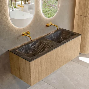 Mondiaz Kurve-dlux 120cm badmeubel oak met 1 lade en wastafel leaf dubbel zonder kraangat lava