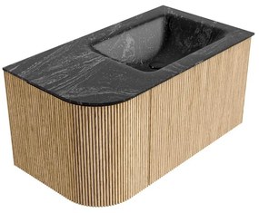 Mondiaz Kurve-dlux 85cm badmeubel ronding links oak met 1 lade en deur en wastafel cloud kraangat rechts lava