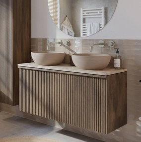 Ben Linea voorgemonteerd badmeubel met beige betonnen waskommen 120cm eiken grijs