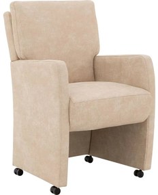 Goossens Eetkamerstoel Leen beige micro leer met armleuning en met wielen, stijlvol landelijk