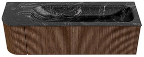 Mondiaz Kurve-dlux 145cm badmeubel ronding links walnut met 1 lade en deur en wastafel big large kraangat rechts lava
