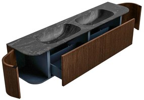 Mondiaz Kurve-dlux 190cm badmeubel ronding links/rechts walnut met 2 lades en deuren en wastafel stor small dubbel 2 kraangaten lava