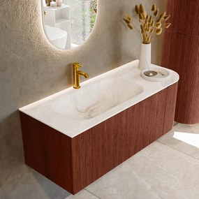 Mondiaz Kurve-dlux 115cm badmeubel ronding rechts ruby met 1 lade en deur en wastafel big small kraangat links frappe