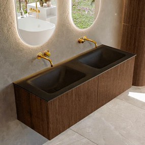 Mondiaz Kurve 130cm badmeubel walnut met 2 lades en wastafel cloud dubbel zonder kraangat urban