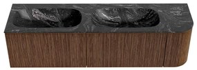Mondiaz Kurve-dlux 165cm badmeubel ronding rechts walnut met 2 lades en 1 deur en wastafel stor small dubbel/links 2 kraangaten lava