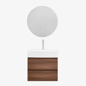 Ona Zwevend Badkamermeubelset Van Hout En Essenfineer Met Geïntegreerde Wastafel Donker Hout & Round Led And Antifog Ø70 Cm - Sklum