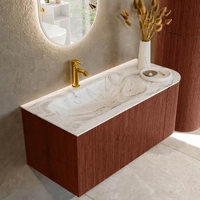 Mondiaz Kurve-dlux 105cm badmeubel ronding rechts ruby met 1 lade en deur en wastafel big small kraangat links glace