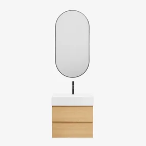 Badkamermeubelset Van Hout En Essenhoutfineer Met Geïntegreerde Wastafel Ona Natuurlijk Hout & Ovale Led En Anticondens Zwart 50x100 Cm Asteiro -