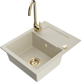 Mexen Enzo granitische spoelbak met 1 bak, afdruiprek en keukenkraan Telma, beige - 6506-69-670200-50