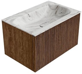 Mondiaz Kurve-dlux 70cm badmeubel walnut met 1 lade en wastafel big small midden zonder kraangat glace