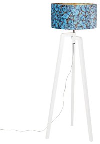Vloerlamp tripod hout met vlinders velours kap 50 cm - Puros Modern E27 Binnenverlichting Lamp