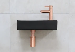 Mueller Mini Rhea 36x18x9 zwarte fonteinset met kraan koper rechts