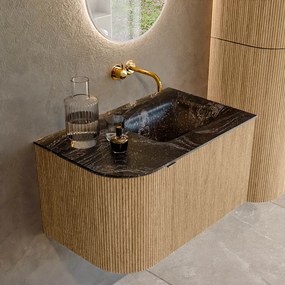 Mondiaz Kurve-dlux 75cm badmeubel ronding links oak met 1 lade en deur en wastafel grunne rechts zonder kraangat lava