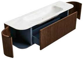 Mondiaz Kurve-dlux 160cm badmeubel ronding links/rechts walnut met 1 lade en 2 deuren en wastafel big medium midden zonder kraangat ostra