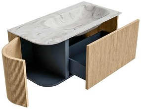 Mondiaz Kurve-dlux 95cm badmeubel ronding links oak met 1 lade en deur en wastafel big small rechts zonder kraangat glace