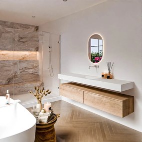 Zaro Alan badmeubel 190cm washed oak 2 lades met vrijhangende wastafel cloud midden zonder kraangat talc