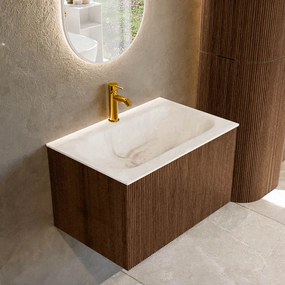Mondiaz Kurve-dlux 70cm badmeubel walnut met 1 lade en wastafel big small midden 1 kraangat frappe