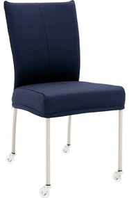 Goossens Eetkamerstoel Funk RVS Poten blauw leer leuning en Transparant skater wiel met rvs kapmet wielen, modern design