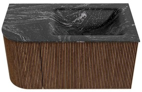 Mondiaz Kurve-dlux 85cm badmeubel ronding links walnut met 1 lade en deur en wastafel cloud kraangat rechts lava