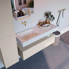 Mondiaz Alan DLux badmeubel 120cm linen 1 lade met wastafel opalo links zonder kraangat