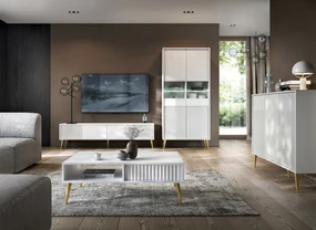 Salontafel BARCELLONI 2S Wit mat/gouden poten - TAFEL MET LADEN EN GERIBBELDE VOORPANELEN