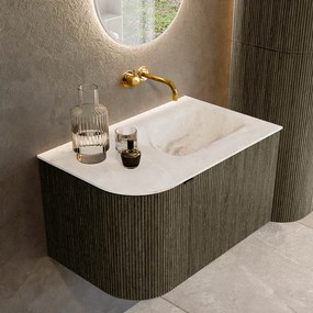 Mondiaz Kurve-dlux 75cm badmeubel ronding links shadow met 1 lade en deur en wastafel grunne rechts zonder kraangat frappe