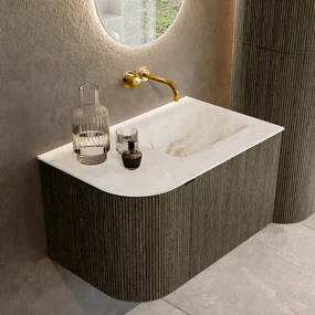 Mondiaz Kurve-dlux 75cm badmeubel ronding links shadow met 1 lade en deur en wastafel grunne rechts zonder kraangat frappe