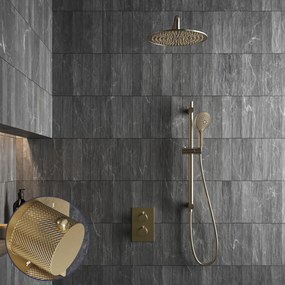Saniclear Brass Curved inbouw regendouche met 20cm hoofddouche, muurarm, 2 standen handdouche en glijstang geborsteld messing - mat goud