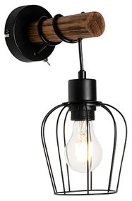 Landelijke wandlamp zwart met hout - Stronk