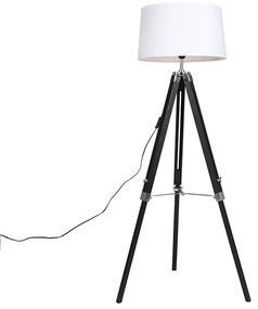 Vloerlamp Tripod zwart met kap 45cm linnen wit Industriele / Industrie / Industrial, Retro E27 Binnenverlichting Lamp