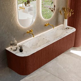Mondiaz Kurve-dlux 170cm badmeubel ronding links/rechts ruby met 1 lade en 2 deuren en wastafel leaf dubbel zonder kraangat glace