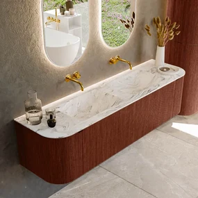 Mondiaz Kurve-dlux 170cm badmeubel ronding links/rechts ruby met 1 lade en 2 deuren en wastafel leaf dubbel zonder kraangat glace