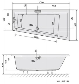 Polysan Andra asymmetrisch bad rechts 170x90x45cm wit