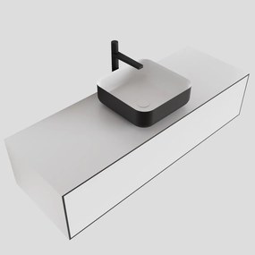 Zaro Lagom volledig naadloos solid surface onderkast met topblad 130cm mat zwart met 1 lades Push tot open. Compleet met solid surface opzetkom met 1 kraangat(en)