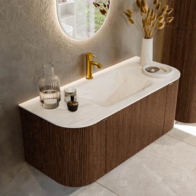 Mondiaz Kurve-dlux 110cm badmeubel ronding links/rechts walnut met 1 lade en 2 deuren en wastafel cloud midden 1 kraangat ostra