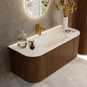 Mondiaz Kurve-dlux 110cm badmeubel ronding links/rechts walnut met 1 lade en 2 deuren en wastafel cloud midden 1 kraangat ostra