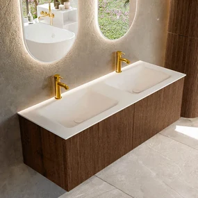 Mondiaz Kurve 130cm badmeubel walnut met 2 lades en wastafel cloud dubbel 2 kraangaten