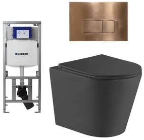 QeramiQ Dely Toiletset - 36.3x51.7cm - diepspoel - rimless - Geberit UP320 Burda inbouwreservoir - softclose toiletzitting - koperen bedieningsplaat - rechtehoekige knoppen - zwart mat SW1026253/0701131/SW706197/SW1000769