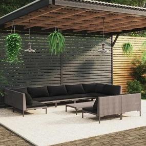 vidaXL 10-delige Loungeset met kussens poly rattan donkergrijs