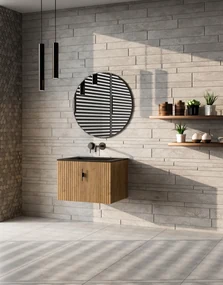 Muebles Raya badmeubel ribbelfront 60cm warm eiken met zwarte wastafel zonder kraangat