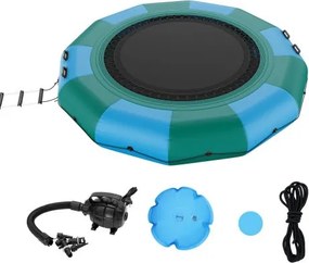 VEVOR Opblaasbare watertrampoline met ladder, waterdicht, slijtvast, watertrampoline, 3,66 m groot springoppervlak, springplatform, waterpark zwembadtrampoline, blauw + groen, draagvermogen 226 kg