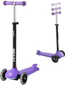 VEVOR Scooter (3 wielen) voor kinderen vanaf 3 jaar, stadsscooter voor kinderen met lichtgevende wielen, in hoogte verstelbaar stuur, antislip platform en lichtgewicht aluminium frame, step voor kinderen tot 75 kg, paars