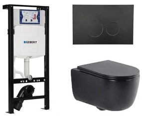 QeramiQ Dely Swirl Toiletset - 36.3x51.7cm - Geberit UP320 plieger inbouwreservoir - slim zitting - mat zwarte bedieningsplaat - ronde knoppen - mat zwart SW1381697/SW706188/SW1000768/SW1026258