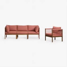 Tuinset Met 3-delige Modulaire Bank Met Armleuningen En Fauteuil Van Acaciahout Branson Terracotta - Acaciabruin - Sklum