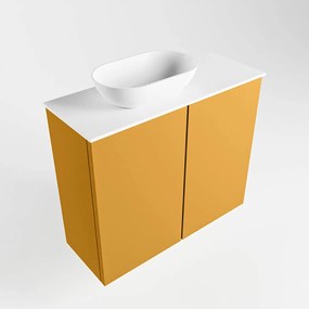 Mondiaz Fowy toiletmeubel 60cm ocher met witte waskom links en kraangat