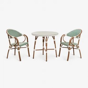 Brielle Bistro Ronde Tafelset, Ø80 Cm, En Twee Stapelbare Eetkamerstoelen Met Armleuningen Van Aluminium. Groen – Kool - Gardenia Wit - Sklum